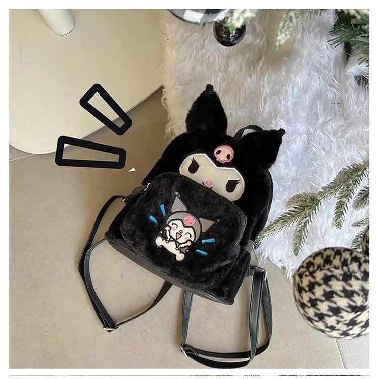 Ba Lô Đeo Vai Đi Học Cỡ Lớn Phối Lông Kiểu Hoạt Hình Kuromi Dễ Thương Cho Nữ