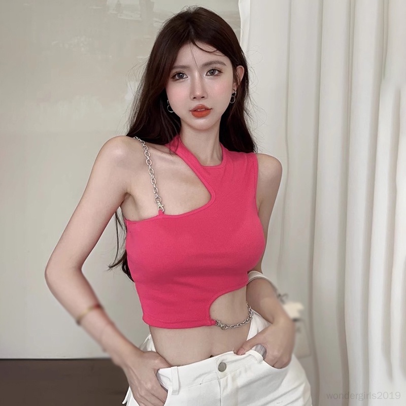 Thời trang croptop của phụ nữ mùa hè Áo hai dây cotton không tay mỏng gợi cảm dây áo tăng không đều