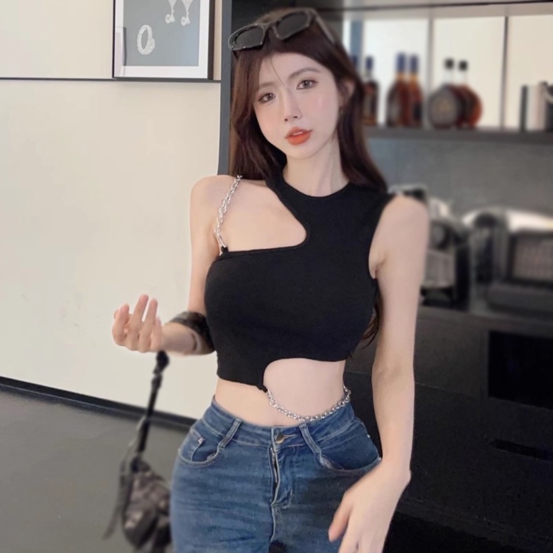 Thời trang croptop của phụ nữ mùa hè Áo hai dây cotton không tay mỏng gợi cảm dây áo tăng không đều