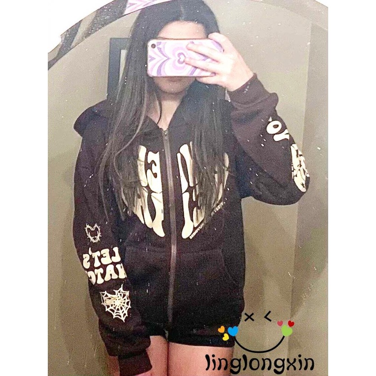 Linglongxi2-nữ tay dài chữ in hoodie cool street outwear