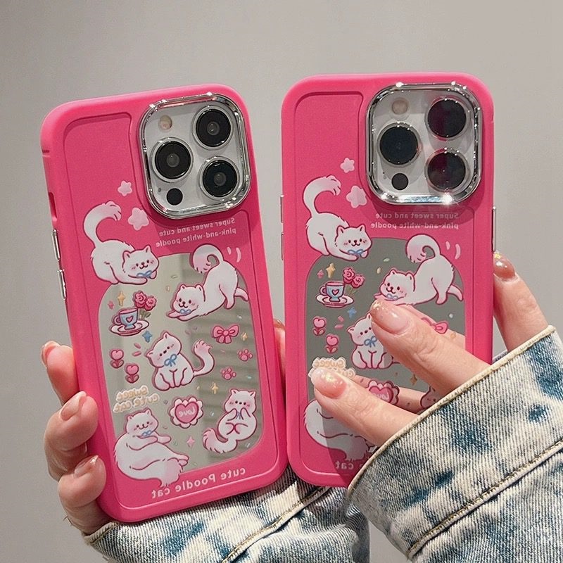 Ốp Điện Thoại Có Gương Trang Điểm Màu Đỏ Hồng Cho iPhone 14 Pro Max 13 13pro 13Plus 8Plus Xr XS XSMAX 12 Pro Max