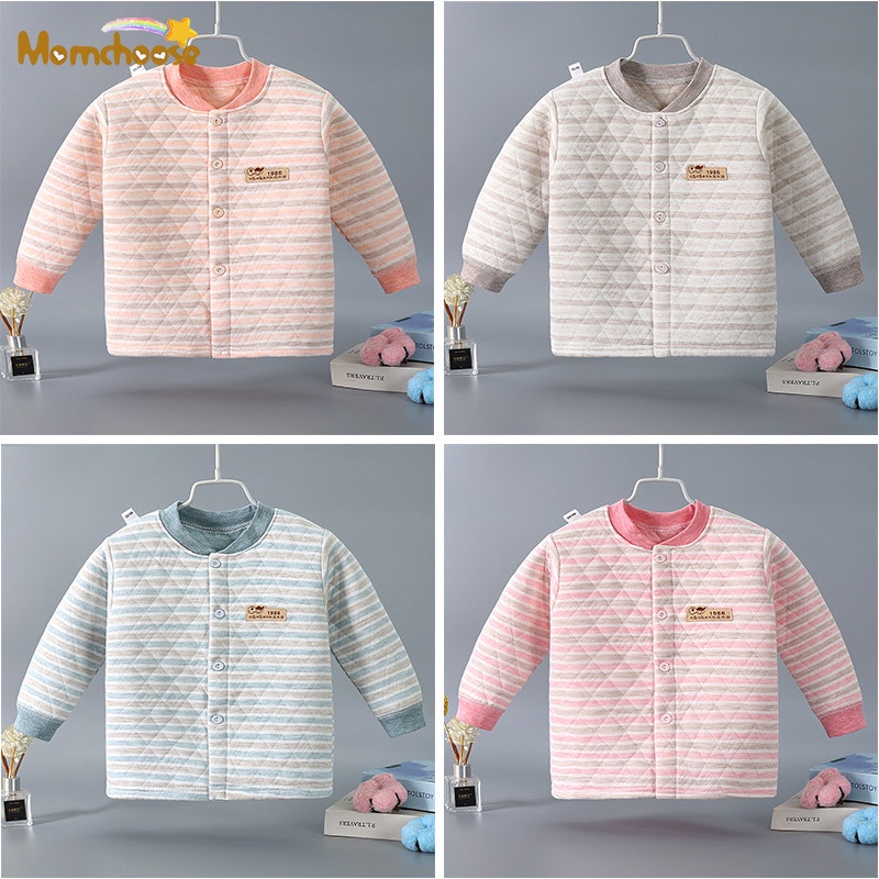 Momchoose áo khoác ấm ba lớp dành cho trẻ em áo khoác chuối cổ tim nam và nữ baby long-tay double-breasted quilted quần áo mùa thu cho bé áo sơ mi dày đáy