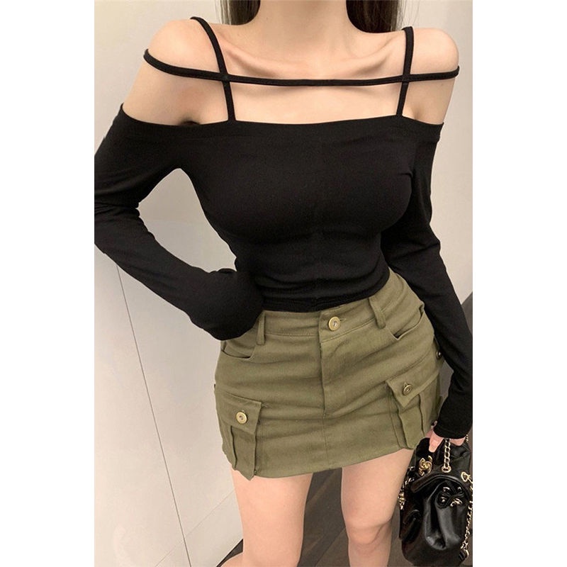 Áo thun COZOK tay dài hở vai ôm dáng màu trơn co giãn tốt thời trang gợi cảm dành cho nữ