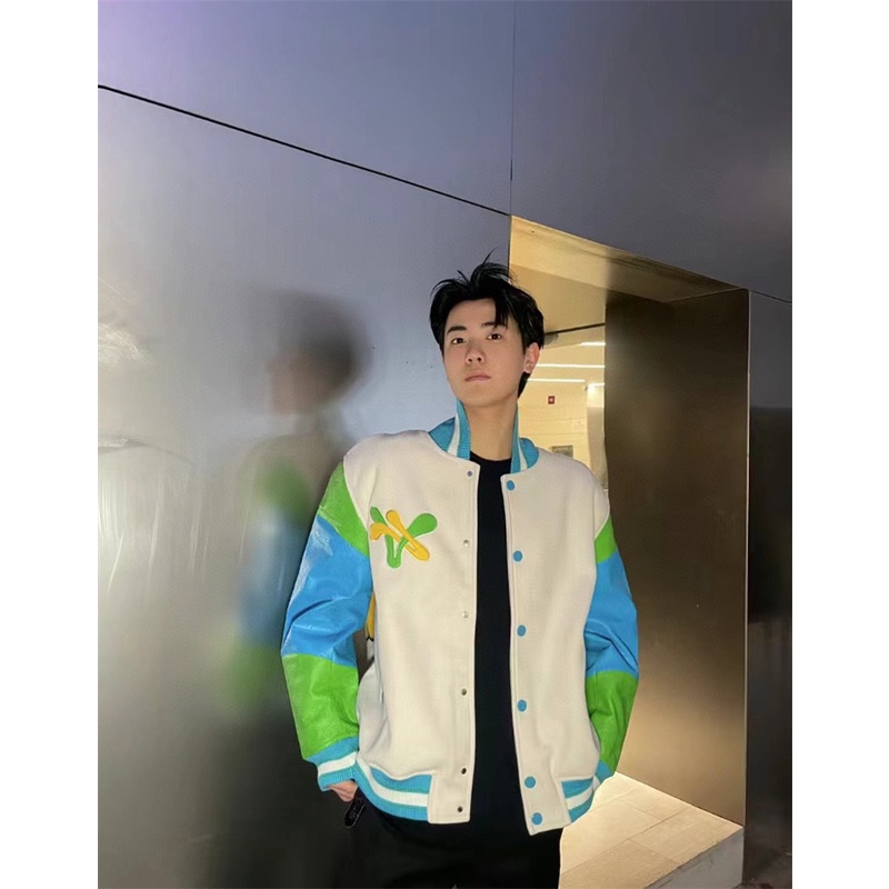 L-v-fw blue green collated duck baseball coat với sợi len được làm bằng máy ngang, phong cách unisex