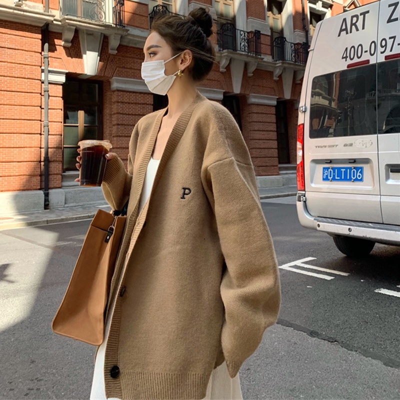 Zhu Xia Áo Khoác cardigan Dệt Kim Tay Dài Dáng Rộng Thêu Chữ Phong Cách retro Mới Cho Nữ