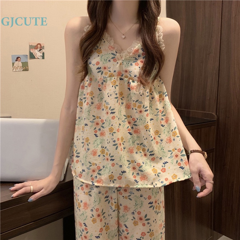 Bộ đồ ngủ hai mảnh GJCUTE áo hai dây ngực buộc dây chữ V và quần hoa nhí tùy chọn
