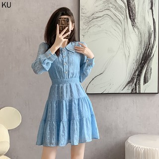 Real shot 2023 autumn new style korean version women's clothing gentle style long-sleeved dress women small narrow-waisted blue chiffon dress váy ngắn