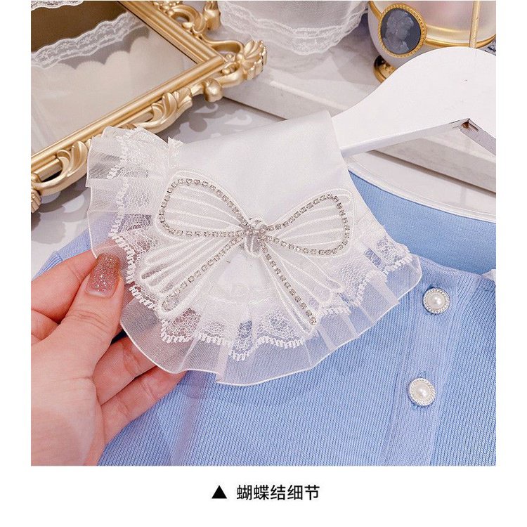 Nơ preppy style two-piece phiên bản hàn quốc váy xếp ly trẻ em quần áo mùa xuân vừa lớn phong cách mới 2023 áo len cho bé gái phù hợp với lhzn