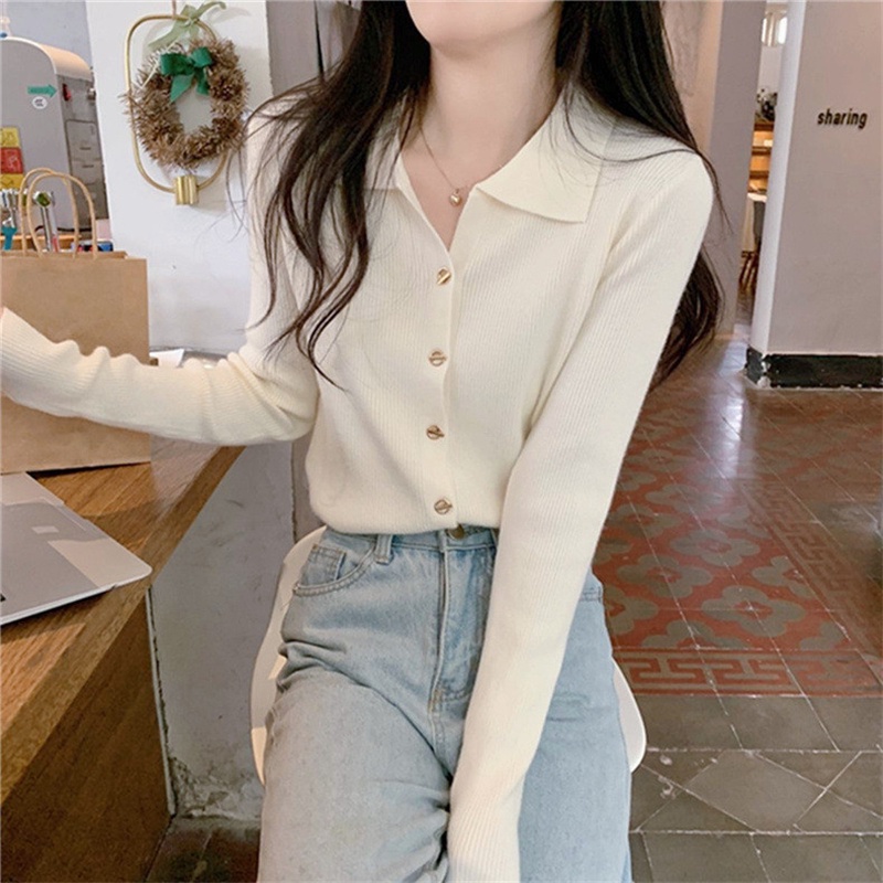 Thiết kế nút áo len cổ bẻ polo phong cách nhẹ nhàng mùa xuân dệt kim cardigan phía dưới