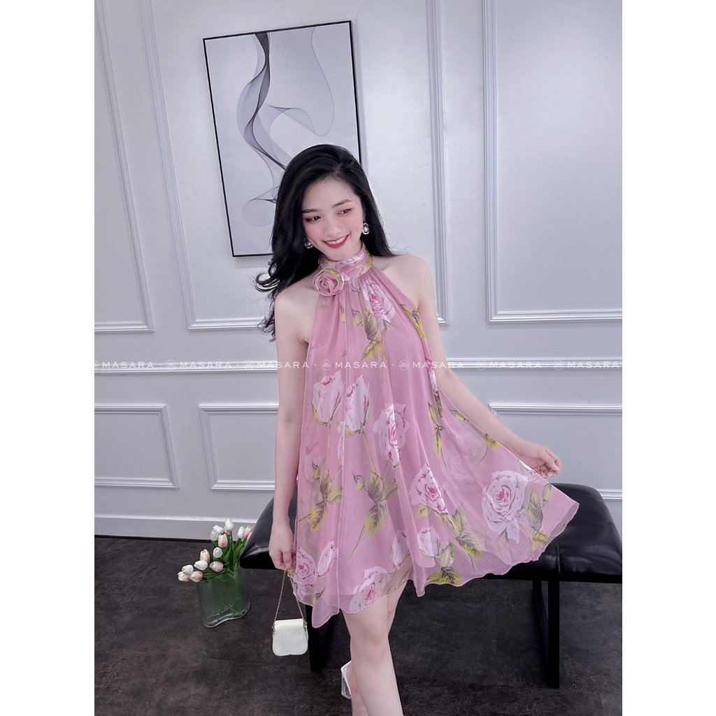 ĐẦM NỮ CỔ YẾM HỌA TIẾT HOA HỒNG ĐIỆU ĐÀ