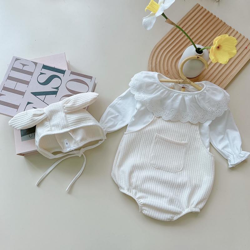 Body yếm xốp Gân áo cotton bèo cổ cho bé gái sơ sinh mặc thu đông