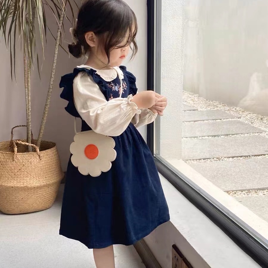 Suit trẻ em váy cổ điển corduroy + áo sơ mi cổ bẻ cho bé bộ hai mảnh