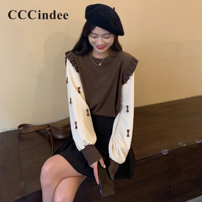 Cccindee women's 2023 thời trang mới bowknot màu tương phản lỏng vừa vặn sai hai mảnh áo len dài tay