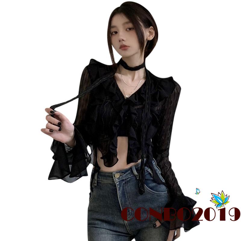 Áo Thun Lưới Tay Dài Cổ Chữ V Màu Đen Dành Cho Nữ
