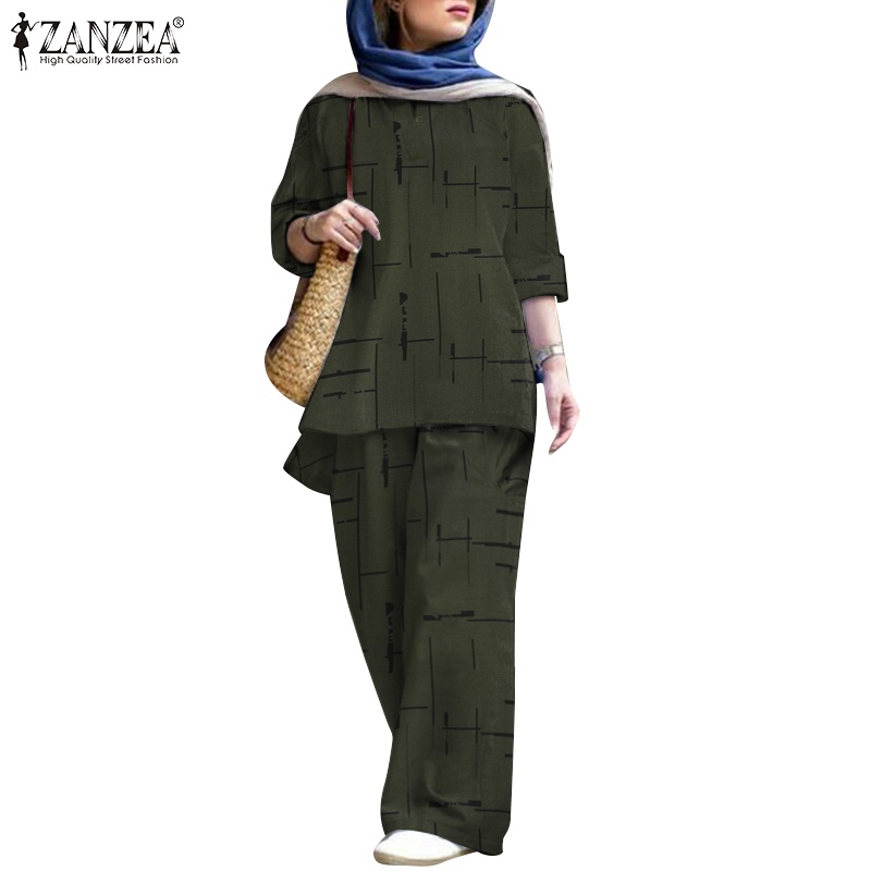 ZANZEA Set Áo Thun Ngắn Tay Cổ Chữ V + Quần Dài Lưng Thun Ống Rộng Thời Trang Nữ