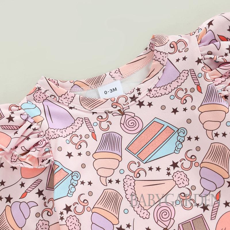 Bộ Áo Liền Quần Tay Dài Cổ Tròn In Họa Tiết Kem + Đầm Yếm Xinh Xắn Thời Trang Cho Bé Gái Từ 0-18 Tháng Tuổi