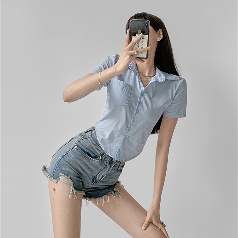 Áo sơ mi ngắn tay phong cách hàn quốc thời trang mùa hè cho nữ áo ngắn tay ngắn thắt eo cho nữ