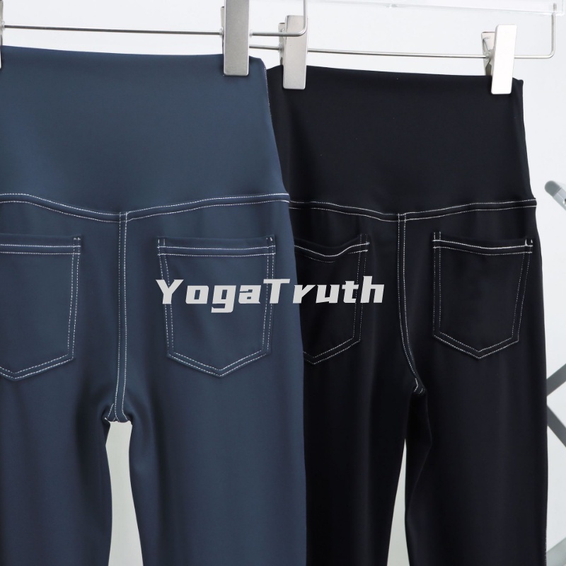 Quần Denim Ống Loe Lưng Cao Phối Túi Thời Trang Tập Yoga Cho Nữ
