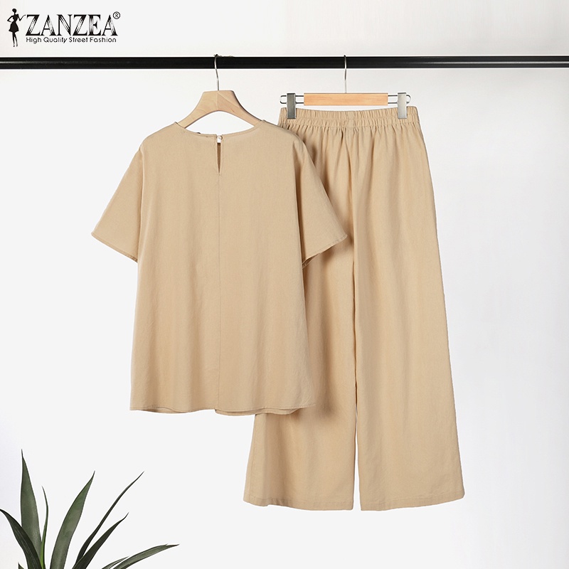 Zanzea Set Áo Kiểu Cổ Tròn Tay Lỡ + Quần Dài Lưng Thun Thời Trang Nữ
