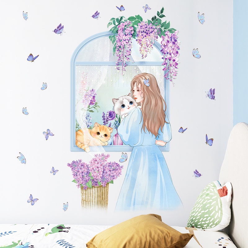 Giấy Dán Tường Hình Mèo Hoạt Hình Trang Trí Phòng Bé Gái