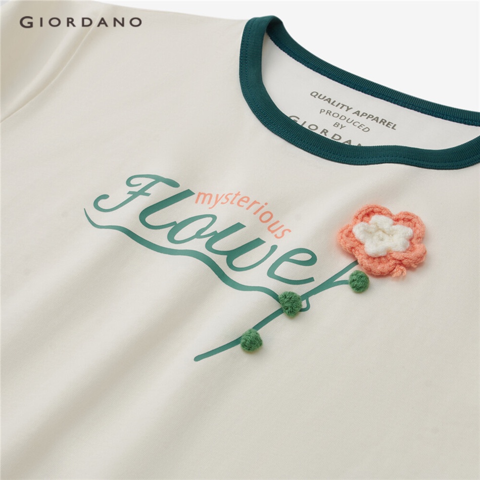 GIORDANO WOMEN Flower crochet contrast color cotton tee 05323434