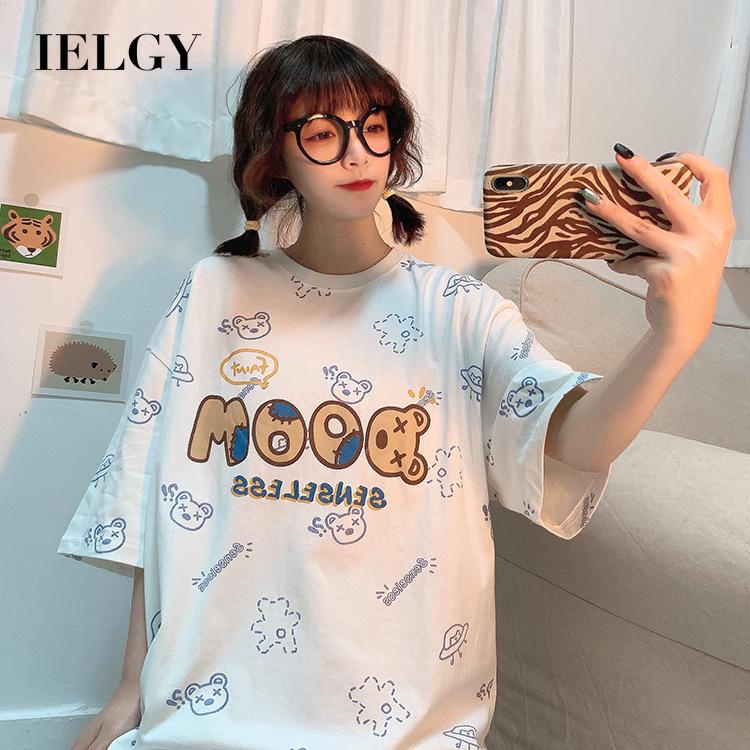 IELGY  Áo Thun Tay Ngắn Cổ Tròn In Họa Tiết Hoạt Hình Phong Cách Hàn Quốc Thời Trang Cho Nữ