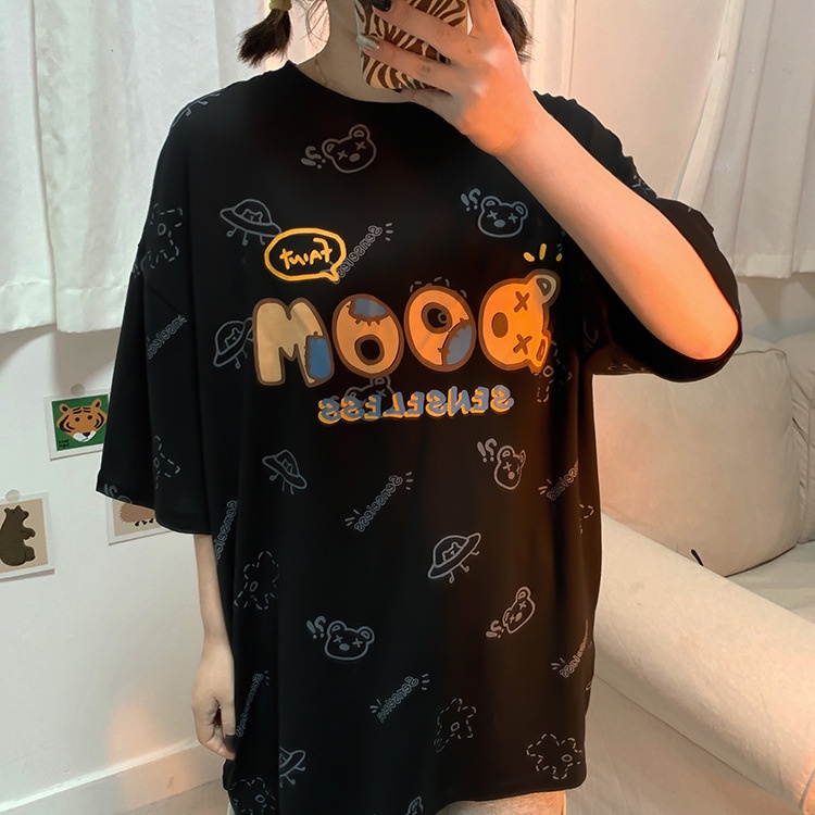 IELGY  Áo Thun Tay Ngắn Cổ Tròn In Họa Tiết Hoạt Hình Phong Cách Hàn Quốc Thời Trang Cho Nữ