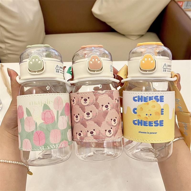 Bình Nước bình nước có ống hút bình thuỷ tinh đựng nước Bằng Nhựa Họa Tiết Hoa Tulip Dễ Thương Kèm bình nước đi học