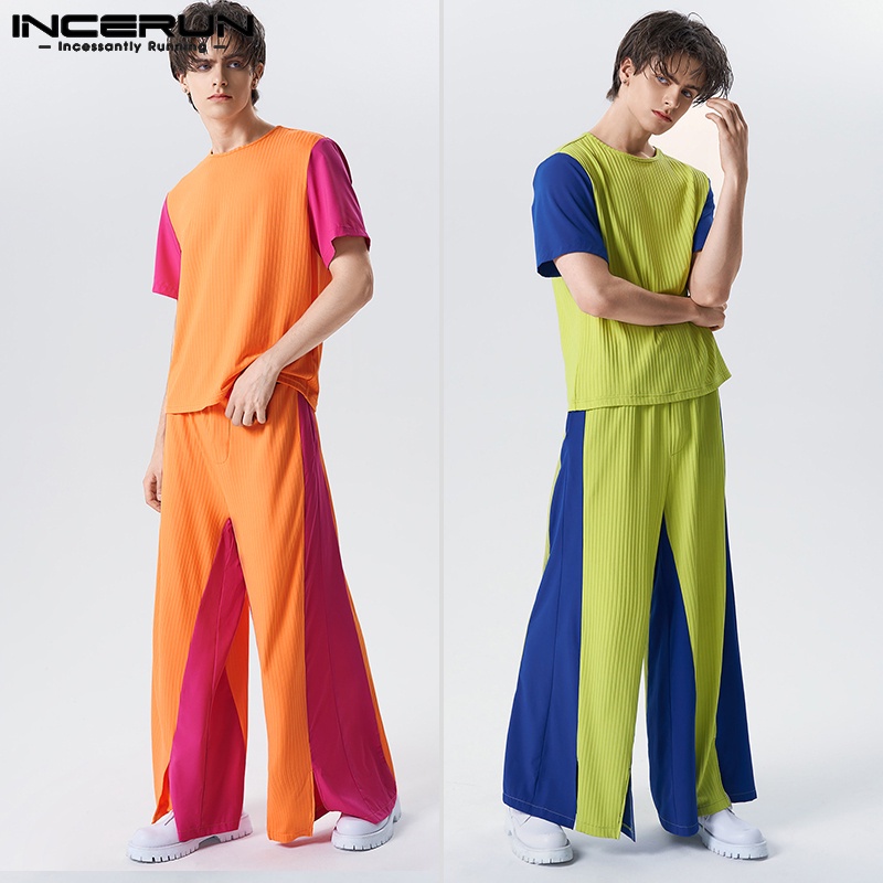 INCERUN Set Áo Tay Ngắn + Quần Ống Rộng Kiểu Dáng Đơn Giản Năng Động Thời Trang