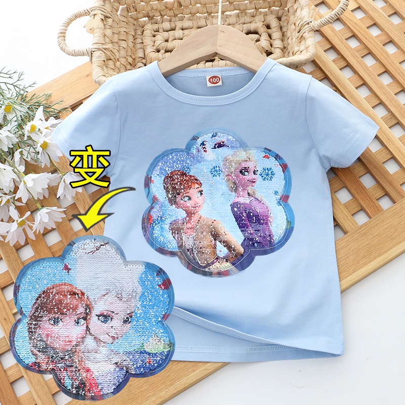 Áo Thun Cotton Tay Ngắn In Hình Công Chúa Elsa Đính Kim Sa Nhiều Màu Sắc Thời Trang Mùa Hè Cho Bé Gái 2-8 Tuổi