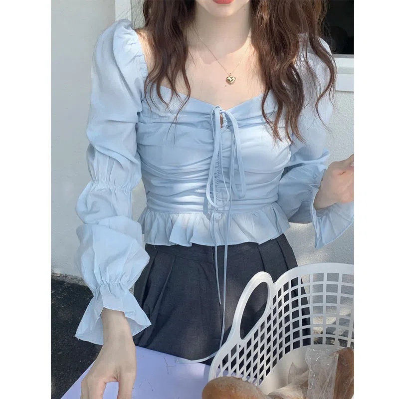 IELGY Áo Croptop Cổ Vuông Tay Phồng Phong Cách Pháp Cổ Điển Thời Trang Cho Nữ