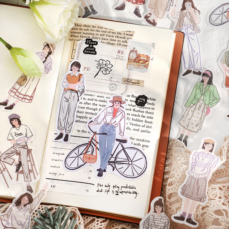 Zican Set 40 Sticker Giấy Washi Hình Cô Gái Đáng Yêu Trang Trí Sổ Tay