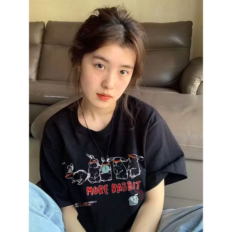 Áo Thun Tay Ngắn Cổ Tròn In Hình Thỏ Hoạt Hình Phong Cách Harajuku Mỹ Thời Trang Mùa Hè Cho Nam Và Nữ Size M-5XL