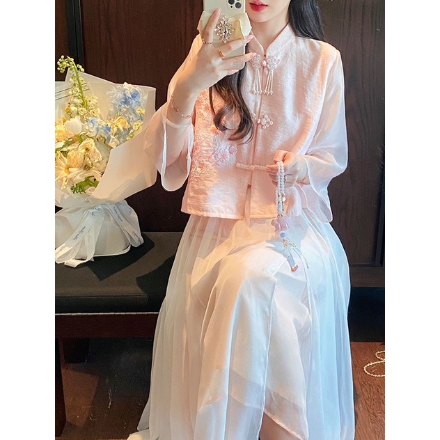 Bộ Áo Sơ Mi + Chân Váy Chữ a Lưng Cao Màu Trắng Phong Cách Trung Hoa Thời Trang Xuân Hè Hàng Mới 2023 Dành Cho Bạn Nữ