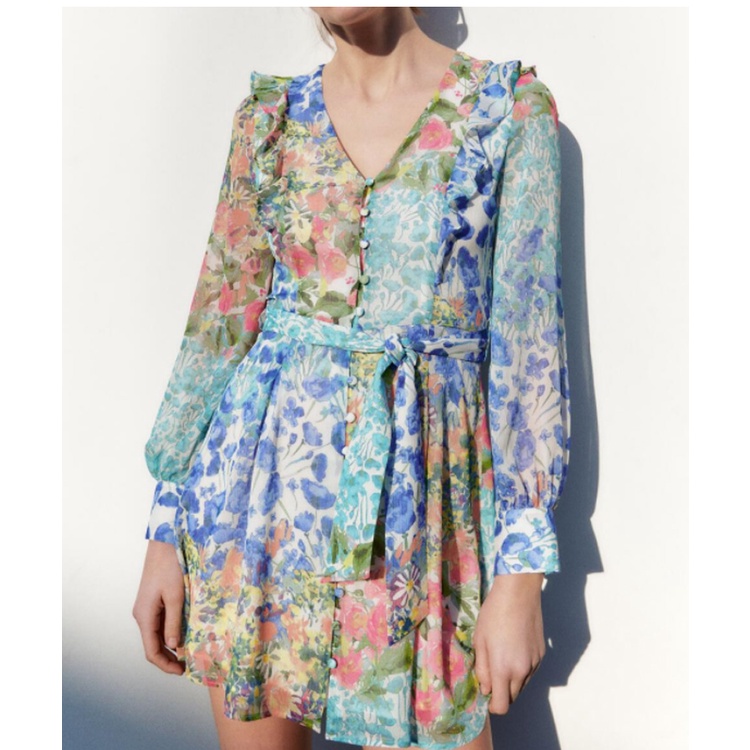 Đầm Zara In Họa Tiết Trang Trí Nơ Đóng Cúc Phối Thắt Lưng Nhiều Lớp Thời Trang Mùa Xuân 22892149
