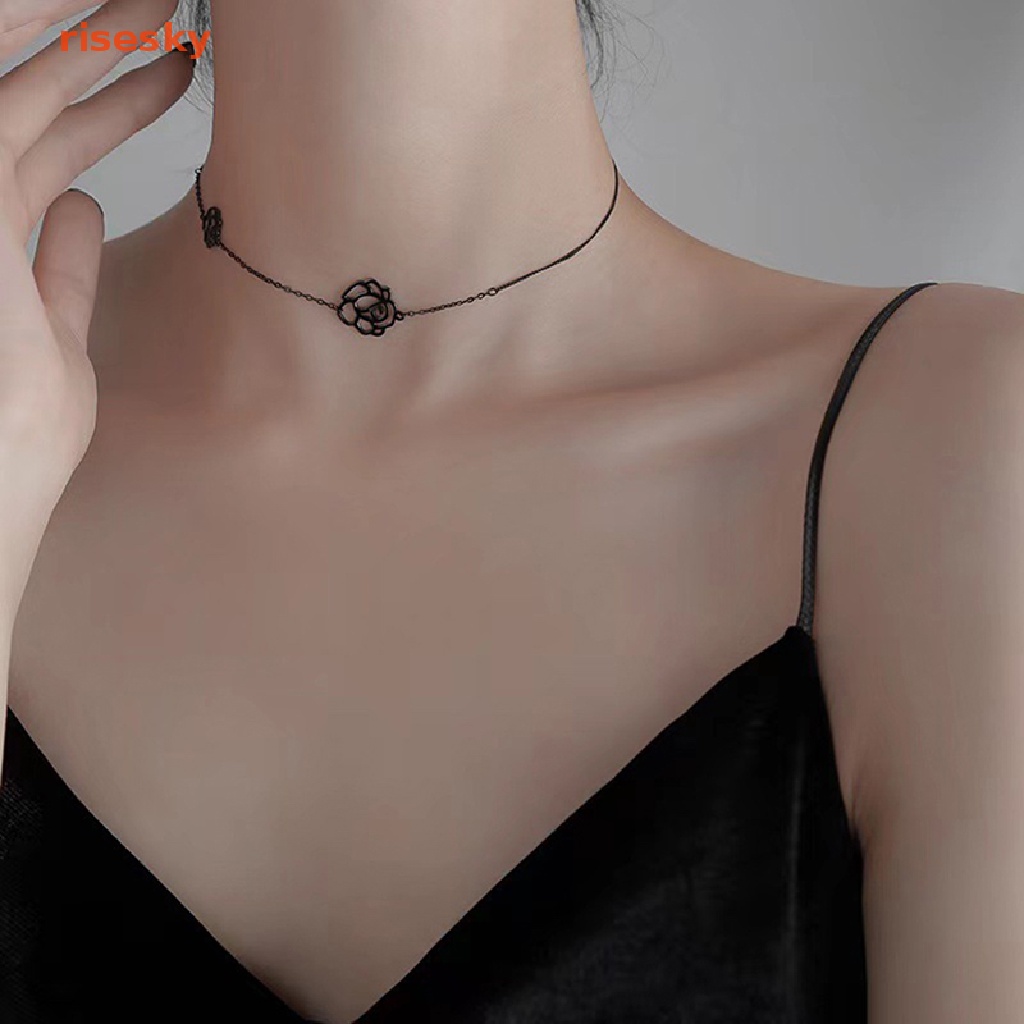 [risesky] Vòng Cổ Choker Ngắn Hình Hoa Hồng Đen Phong Cách Gothic Hàn Quốc Thích Hợp Làm Quà Tặng