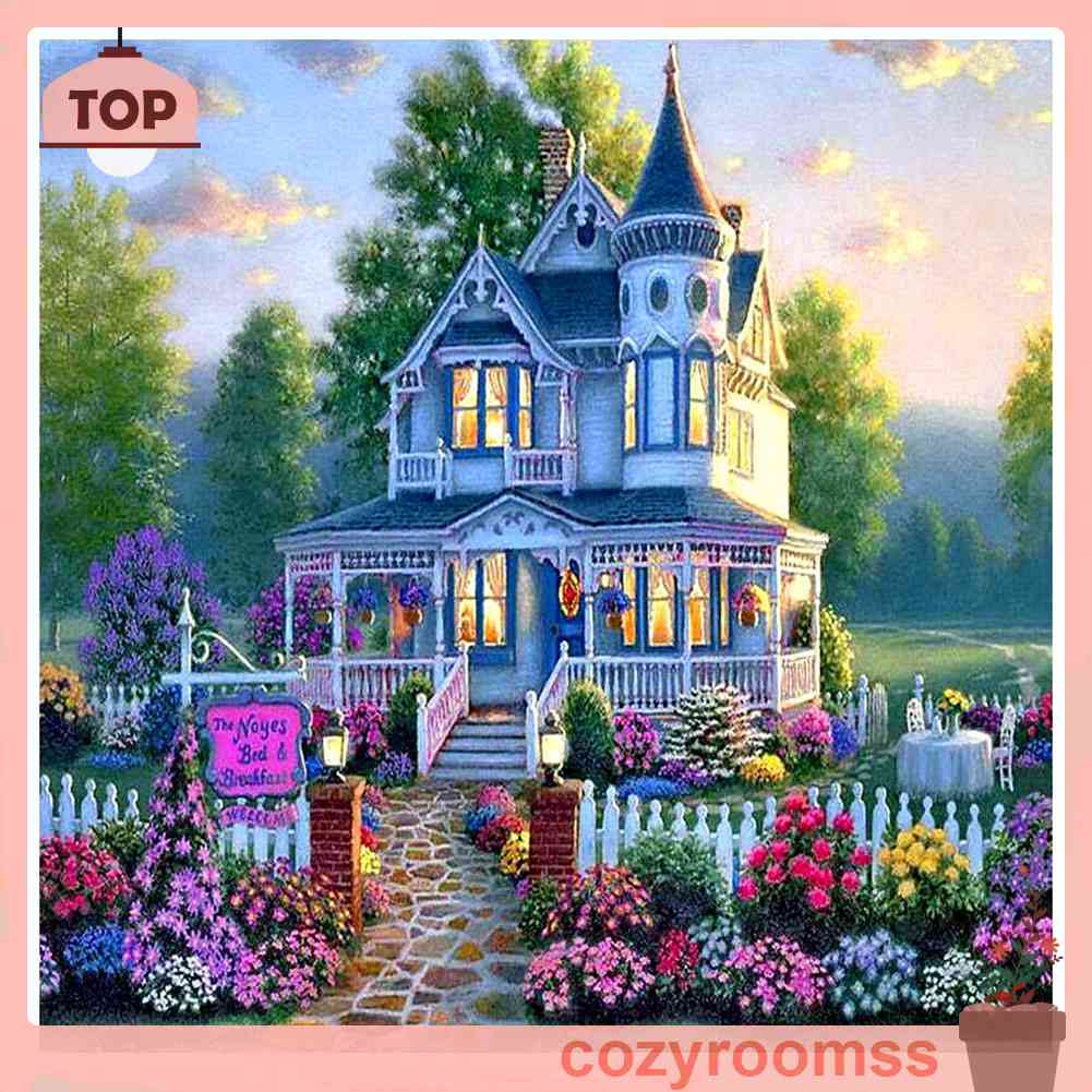 Tranh Đính Đá Kim Cương Toàn Bộ Hình Vẽ Biệt Thự Hoa DIY