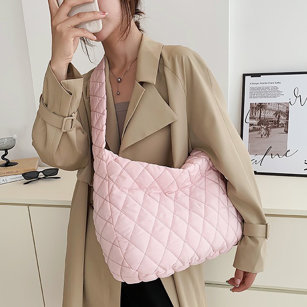 Túi Xách Đeo Vai Vải Cotton Cỡ Lớn Họa Tiết Hình Thoi Thời Trang Cho Nữ