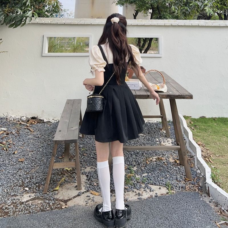 Bộ Áo Tay Phồng Ôm Eo Phối Chân Váy Chữ A Xếp Ly Thời Trang Mùa Hè Cho Nữ