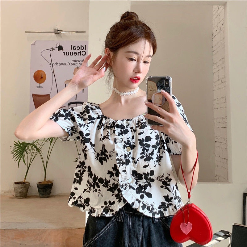 Áo Kiểu Tay Phồng Cổ Vuông Họa Tiết Hoa Phong Cách Hàn Quốc