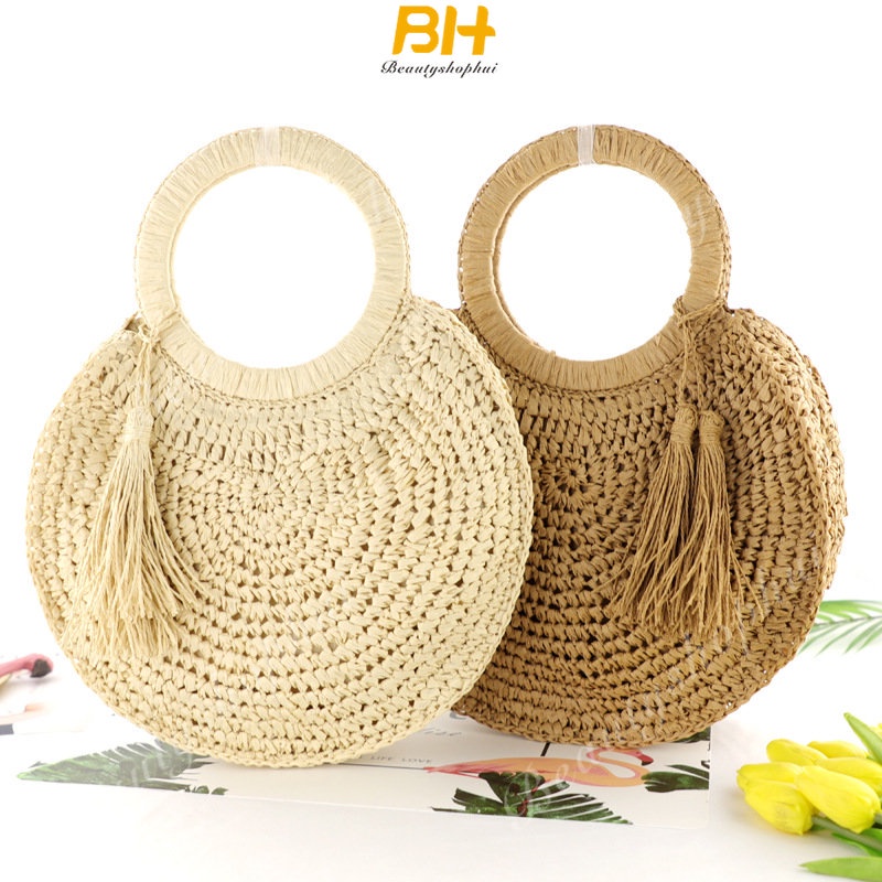 Túi Xách Đan Lát Phối Tua Rua Thời Trang Đi Biển Cho Nữ