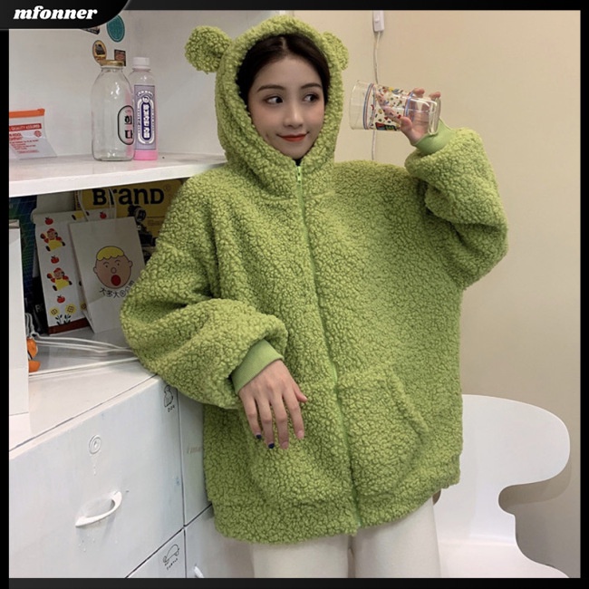 Áo Khoác Dáng Rộng Màu Trơn Phối Lông Ấm Áp Dễ Thương Cho Nữ