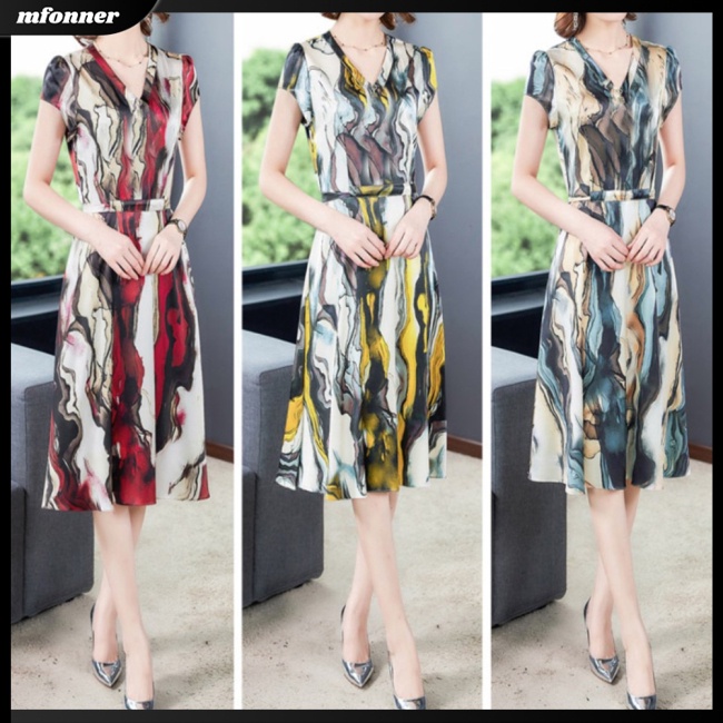 Đầm Tay Ngắn Cổ Chữ V Eo Cao Bằng Lụa Mát In Họa Tiết Thời Trang Dành Cho Nữ