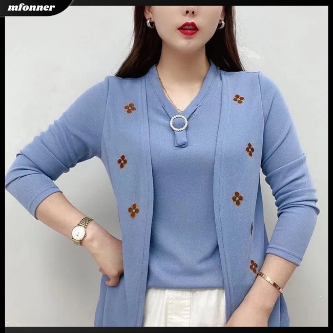 Áo Sweater Giả Hai Lớp Dáng Rộng Tay Dài In Hình Cây Cối Màu Trơn Thời Trang Cho Nữ