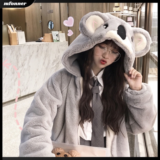 Áo Khoác Bông Dày Dặn Giữ Ấm Tai Thỏ Dễ Thương Cho Nữ