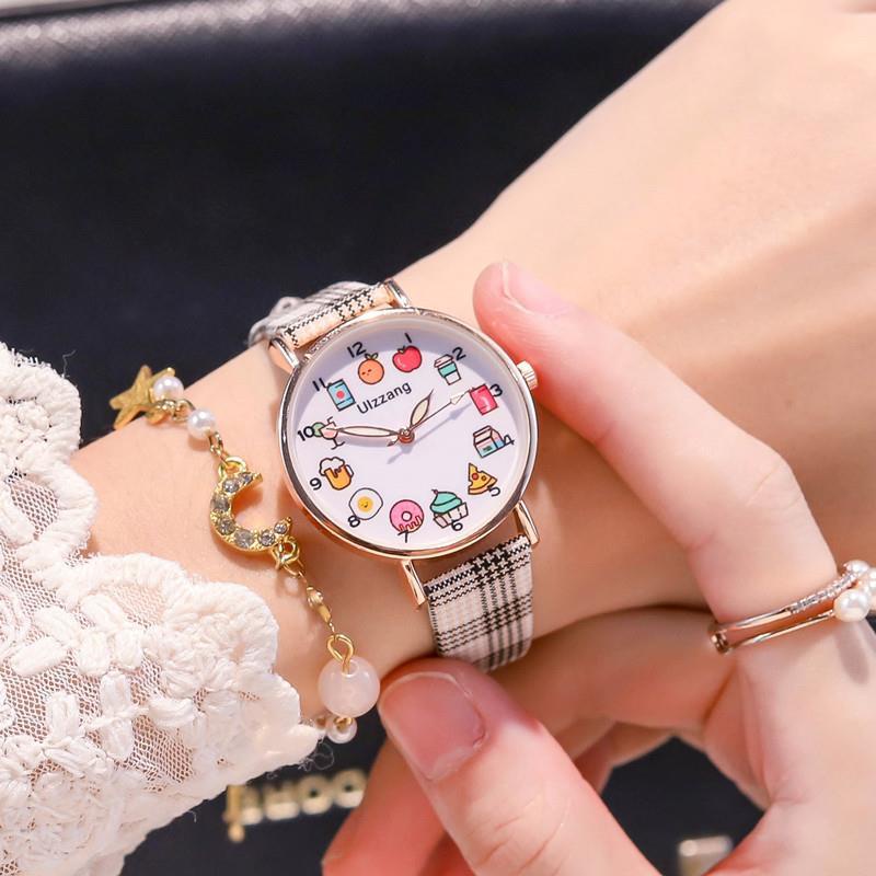Đồng hồ nữ phong cách Nhật Hàn với dây da kẻ ô và mặt đồng hồ đáng yêu