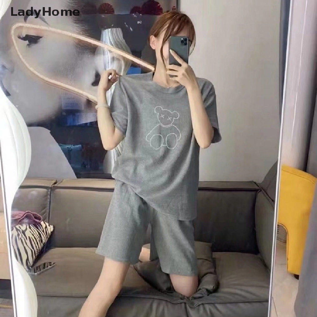 Bộ Đồ Ngủ Tay Ngắn Kẻ Sọc In Hình Gấu Dễ Thương Phong Cách Hàn Quốc