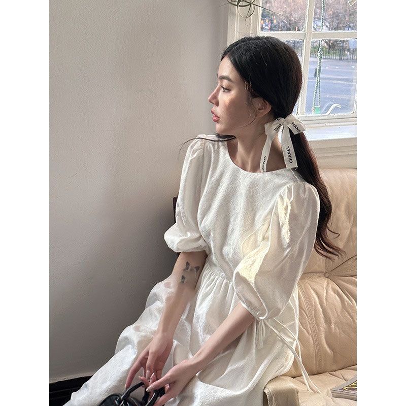 [F &amp; X] Đầm Hoa Dáng Dài Tay Phồng Thắt Dây Ruy Băng Phong Cách Công Nghiệp 2023 Sang Trọng Ngọt Ngào Cho Nữ