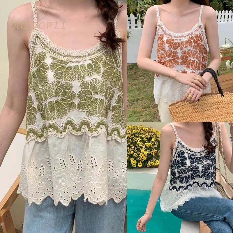 Brroa Áo Tank Top Cổ Tròn Viền Ren Thêu Hoa Khoét Rỗng Mặc Khi Đi Du Lịch