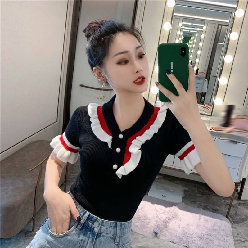 Áo Dệt Kim Cổ Chữ V Phối Bèo Thời Trang Mùa Hè Phong Cách Retro Cho Nữ